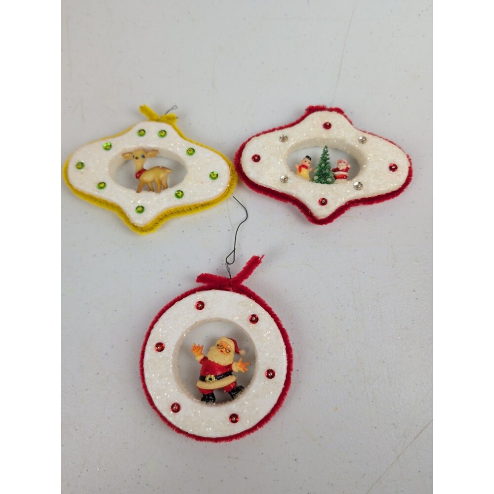 VTG Handmade ? Christmas Ornaments Set of 3 Santa Snowman Kitch